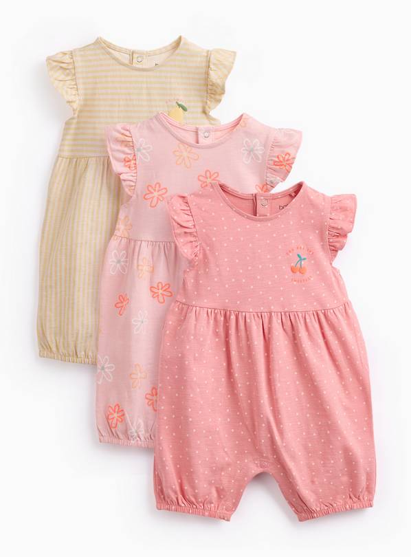 Pink & Cream Printed Frill Sleeve Rompers 3 Pack Up to 3 mths